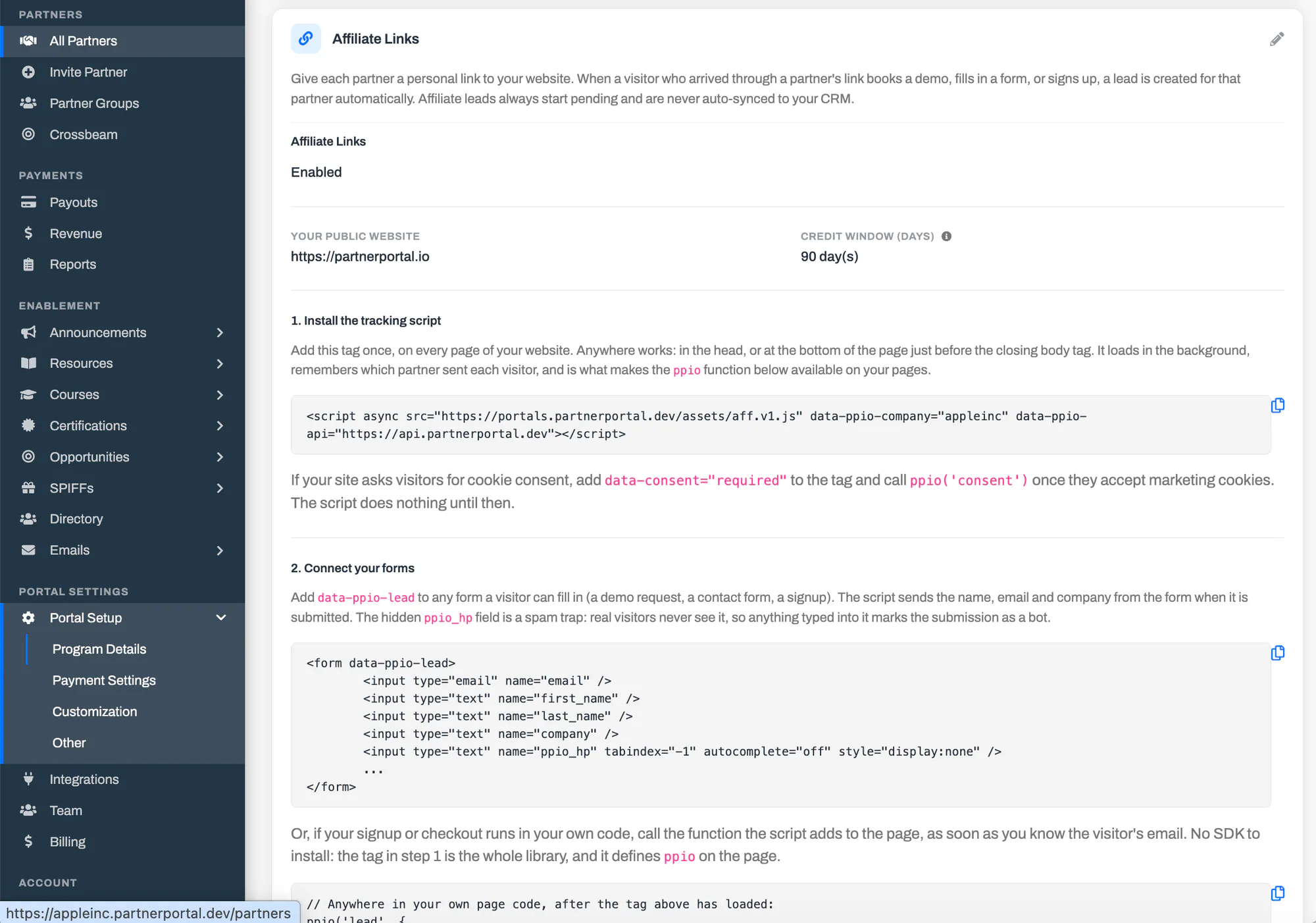 The Affiliate Links card after enabling, showing the tracking script and form instructions.