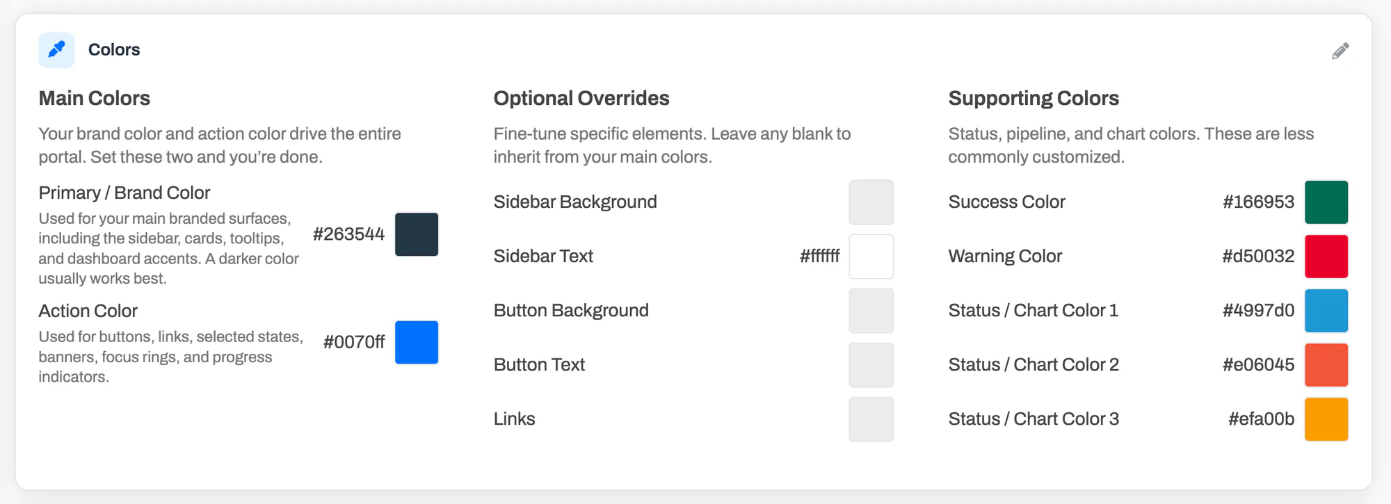 The Colors card showing main colors, optional overrides, and supporting colors with hex values and swatches