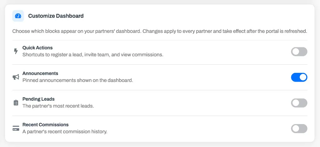 The Customize Dashboard card with an on/off toggle for each dashboard block: Quick Actions, Announcements, Pending Leads, and Recent Commissions