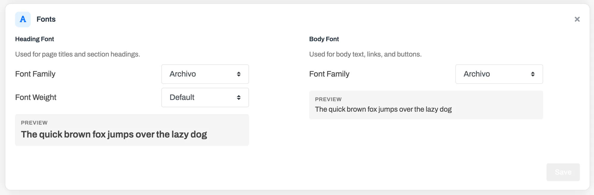 The Fonts card in edit mode with heading font, body font, and font weight pickers, each showing a live preview line