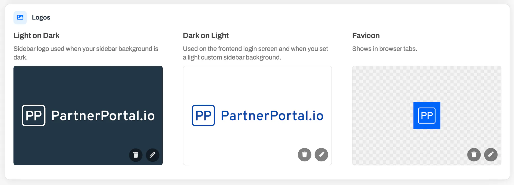 The Logos card with upload tiles for the light-on-dark sidebar logo, dark-on-light login logo, and favicon
