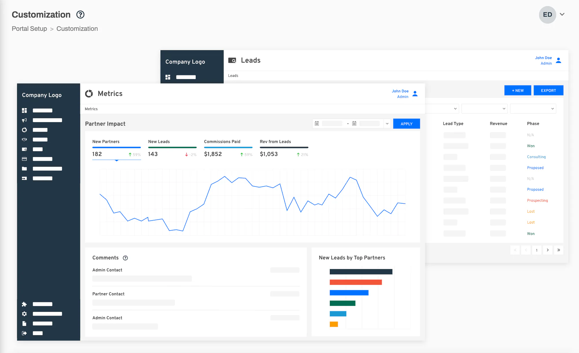 The portal preview showing a mock sidebar, metrics screen, and leads screen rendered with the current branding