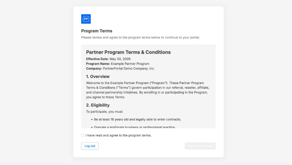The full-screen Program Terms prompt a partner must agree to at sign-in before reaching the portal.