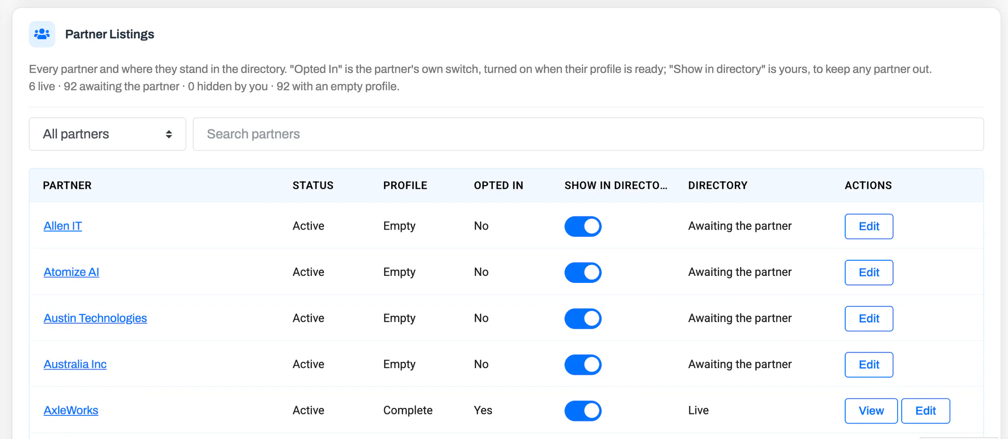 The vendor's Partner Listings view: each partner's status, profile completeness, whether they've opted in, and the switch to show or hide them