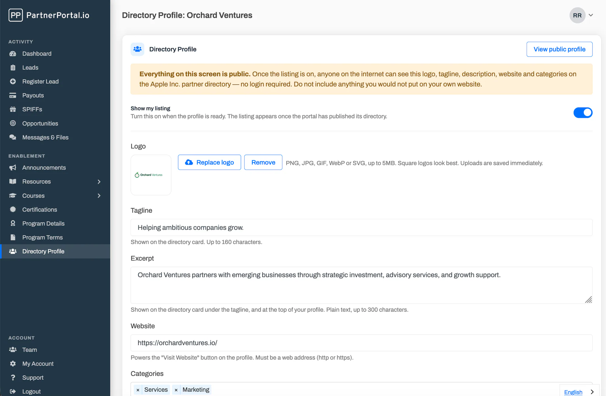 A partner's Directory Profile editor in PartnerPortal, with the fields on the left and a live preview of the public card on the right